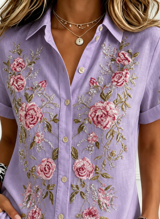Shirt Collar Short Sleeve Floral Printing Regular Regular Fit Shirt For Women - Image 2