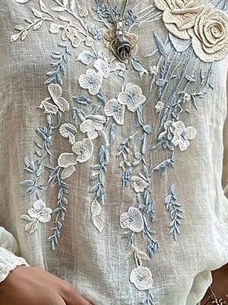 Crew Neck Long Sleeve Floral Regular Micro-Elasticity Loose Blouse For Women - Image 7