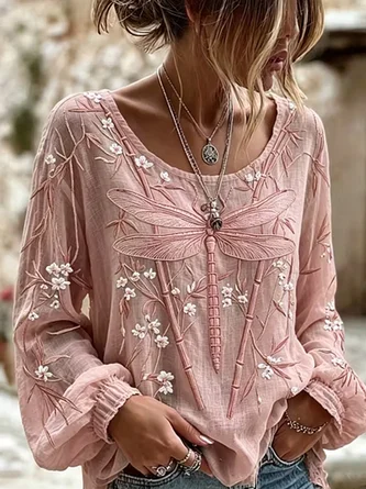 Crew Neck Long Sleeve Floral Lightweight Micro-Elasticity Loose Blouse For Women