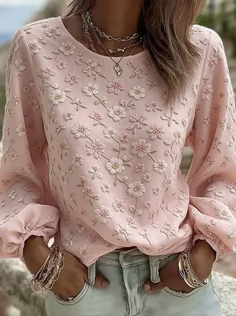 Crew Neck Long Sleeve Floral Regular Micro-Elasticity Loose Blouse For Women