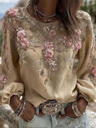 Crew Neck Long Sleeve Floral Regular Micro-Elasticity Loose Blouse For Women - Image 4