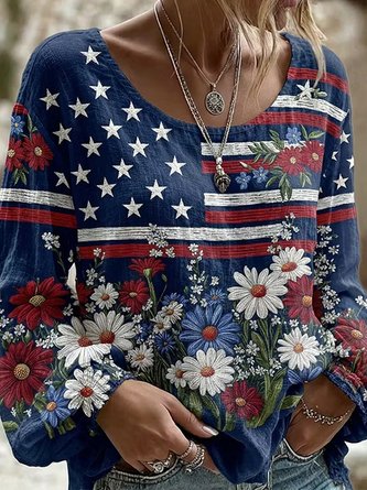 Crew Neck Long Sleeve Floral Lightweight Micro-Elasticity Loose Blouse For Women - Image 2