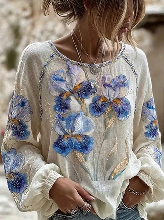 Crew Neck Long Sleeve Floral Lightweight Micro-Elasticity Loose Blouse For Women
