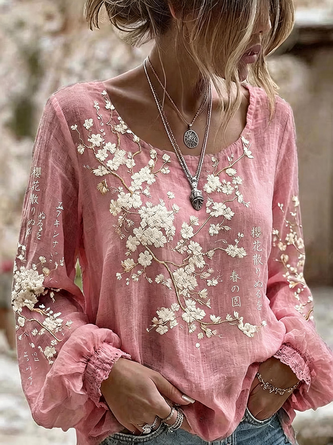 Crew Neck Long Sleeve Floral Regular Micro-Elasticity Loose Blouse For Women - Image 2