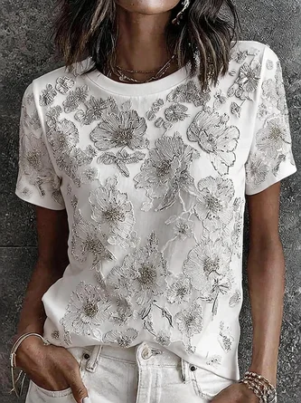 Vintage Floral Crew Neck Short Sleeve T-shirt