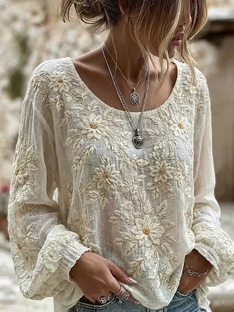 Crew Neck Long Sleeve Floral Lightweight Micro-Elasticity Loose Blouse For Women
