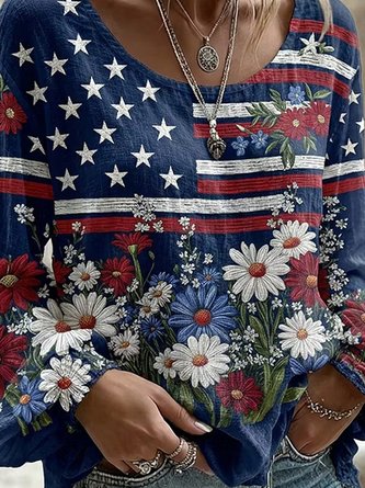Crew Neck Long Sleeve Floral Lightweight Micro-Elasticity Loose Blouse For Women - Image 3