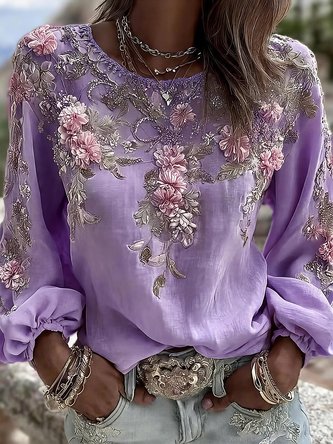 Crew Neck Long Sleeve Floral Regular Micro-Elasticity Loose Blouse For Women - Image 5
