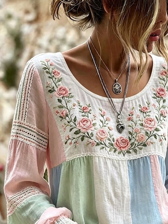 Crew Neck Long Sleeve Floral Printing Regular Micro-Elasticity Regular Fit Blouse For Women - Image 2