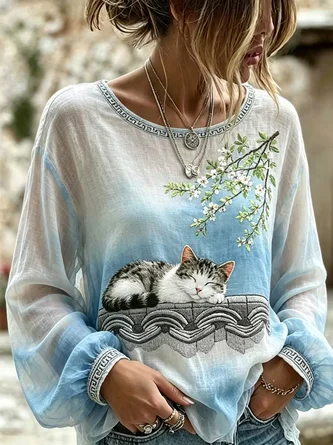 Crew Neck Long Sleeve Floral Lightweight Micro-Elasticity Loose Blouse For Women