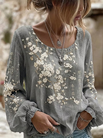 Crew Neck Long Sleeve Floral Regular Micro-Elasticity Loose Blouse For Women
