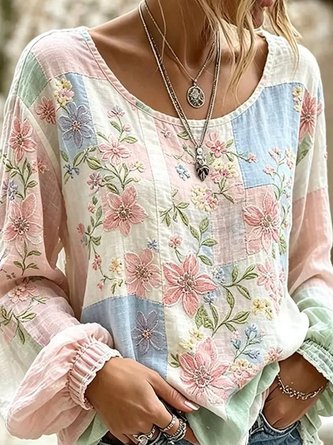 Crew Neck Long Sleeve Floral Lightweight Micro-Elasticity Loose Blouse For Women 2 Crew Neck Long Sleeve Floral Lightweight Micro-Elasticity Loose Blouse For Women - Image 2