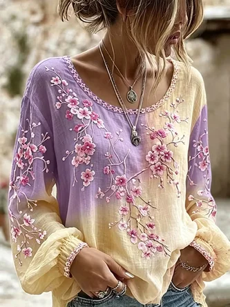 Crew Neck Long Sleeve Floral Lightweight Micro-Elasticity Loose Blouse For Women