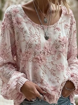 Crew Neck Long Sleeve Floral Lightweight Micro-Elasticity Loose Blouse For Women - Image 2
