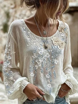 Crew Neck Long Sleeve Floral Regular Micro-Elasticity Loose Blouse For Women