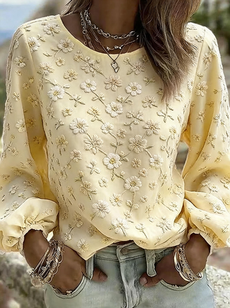 Crew Neck Long Sleeve Floral Regular Micro-Elasticity Loose Blouse For Women - Image 3