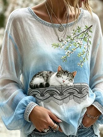 Crew Neck Long Sleeve Floral Lightweight Micro-Elasticity Loose Blouse For Women - Image 2