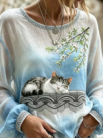 Crew Neck Long Sleeve Floral Lightweight Micro-Elasticity Loose Blouse For Women - Image 3