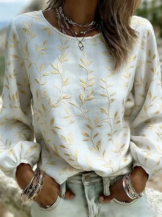 Crew Neck Long Sleeve Leaf Regular Micro-Elasticity Loose Blouse For Women