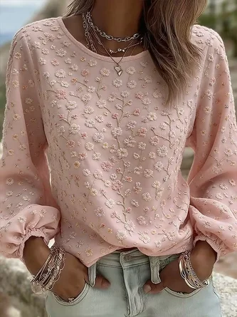 Crew Neck Long Sleeve Floral Regular Micro-Elasticity Loose Blouse For Women