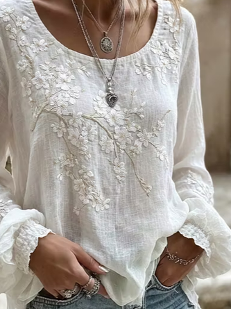 Crew Neck Long Sleeve Floral Printing Regular Micro-Elasticity Regular Fit Blouse For Women 6 Crew Neck Long Sleeve Floral Printing Regular Micro-Elasticity Regular Fit Blouse For Women - Image 6