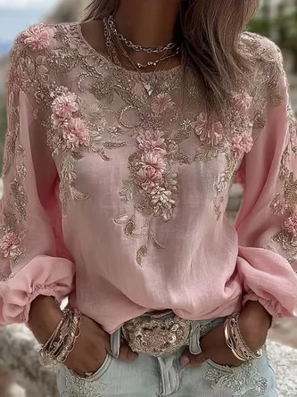 Crew Neck Long Sleeve Floral Regular Micro-Elasticity Loose Blouse For Women