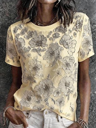 Vintage Floral Crew Neck Short Sleeve T-shirt - Image 5