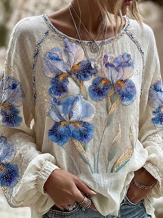 Crew Neck Long Sleeve Floral Lightweight Micro-Elasticity Loose Blouse For Women - Image 2
