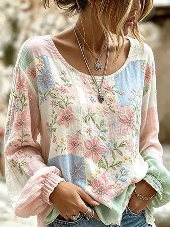 Crew Neck Long Sleeve Floral Lightweight Micro-Elasticity Loose Blouse For Women 1 Crew Neck Long Sleeve Floral Lightweight Micro-Elasticity Loose Blouse For Women