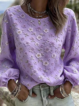 Crew Neck Long Sleeve Floral Regular Micro-Elasticity Loose Blouse For Women - Image 4