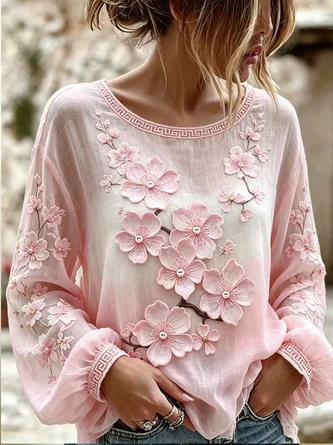 Crew Neck Long Sleeve Floral Lightweight Micro-Elasticity Loose Blouse For Women