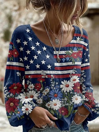 Crew Neck Long Sleeve Floral Lightweight Micro-Elasticity Loose Blouse For Women