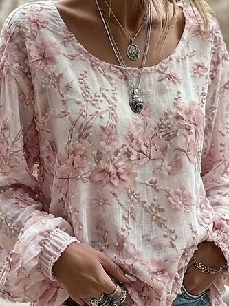 Crew Neck Long Sleeve Floral Lightweight Micro-Elasticity Loose Blouse For Women - Image 3
