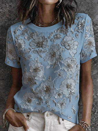 Vintage Floral Crew Neck Short Sleeve T-shirt - Image 3