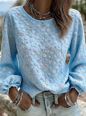Crew Neck Long Sleeve Floral Regular Micro-Elasticity Loose Blouse For Women - Image 6