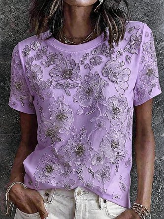 Vintage Floral Crew Neck Short Sleeve T-shirt - Image 4