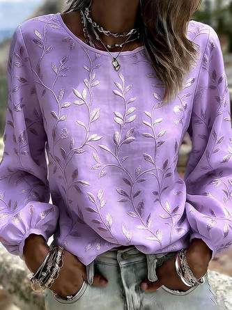 Crew Neck Long Sleeve Leaf Regular Micro-Elasticity Loose Blouse For Women - Image 4