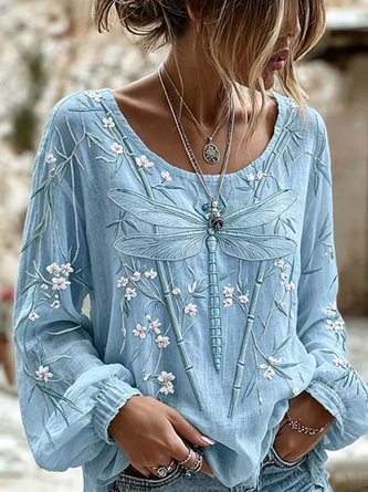 Crew Neck Long Sleeve Floral Lightweight Micro-Elasticity Loose Blouse For Women - Image 3