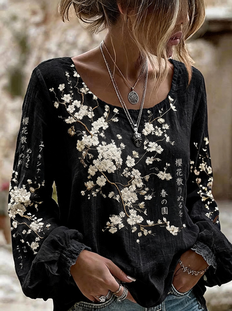 Crew Neck Long Sleeve Floral Regular Micro-Elasticity Loose Blouse For Women - Image 4