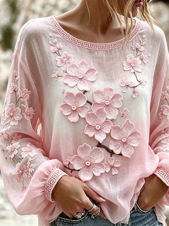 Crew Neck Long Sleeve Floral Lightweight Micro-Elasticity Loose Blouse For Women - Image 2
