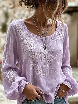 Crew Neck Long Sleeve Floral Printing Regular Micro-Elasticity Regular Fit Blouse For Women 1 Crew Neck Long Sleeve Floral Printing Regular Micro-Elasticity Regular Fit Blouse For Women