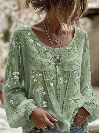 Crew Neck Long Sleeve Floral Lightweight Micro-Elasticity Loose Blouse For Women - Image 5