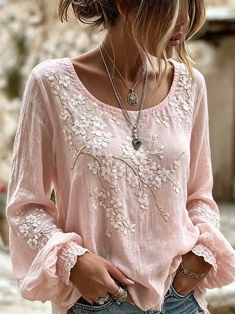 Crew Neck Long Sleeve Floral Printing Regular Micro-Elasticity Regular Fit Blouse For Women 3 Crew Neck Long Sleeve Floral Printing Regular Micro-Elasticity Regular Fit Blouse For Women - Image 3