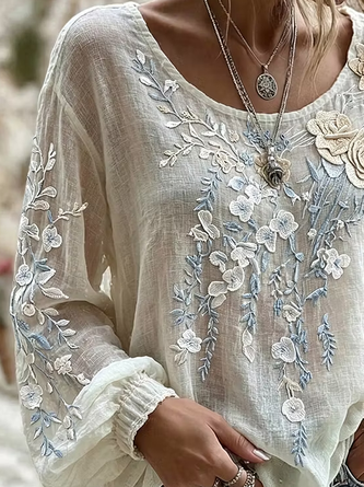 Crew Neck Long Sleeve Floral Regular Micro-Elasticity Loose Blouse For Women - Image 6