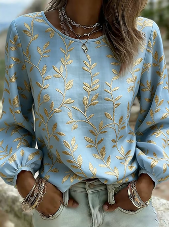 Crew Neck Long Sleeve Leaf Regular Micro-Elasticity Loose Blouse For Women - Image 2