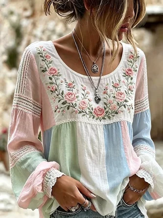 Crew Neck Long Sleeve Floral Printing Regular Micro-Elasticity Regular Fit Blouse For Women