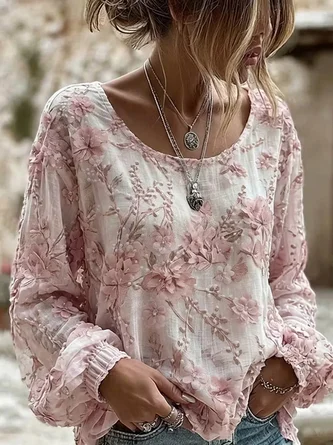 Crew Neck Long Sleeve Floral Lightweight Micro-Elasticity Loose Blouse For Women