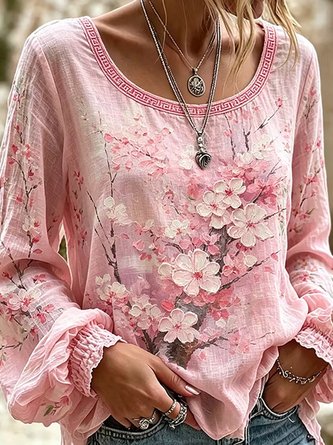 Crew Neck Long Sleeve Floral Lightweight Micro-Elasticity Loose Blouse For Women 2 Crew Neck Long Sleeve Floral Lightweight Micro-Elasticity Loose Blouse For Women - Image 2