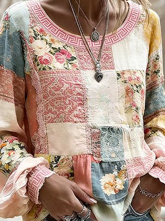 Crew Neck Long Sleeve Floral Lightweight Micro-Elasticity Loose Blouse For Women - Image 3