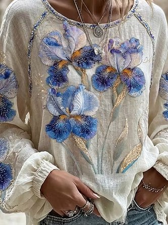 Crew Neck Long Sleeve Floral Lightweight Micro-Elasticity Loose Blouse For Women - Image 3